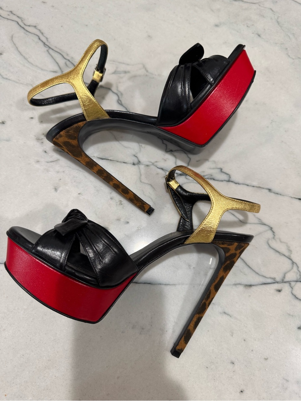 Saint Laurent Bowfront Platform Leopard Embossed Stiletto Heel Sandals